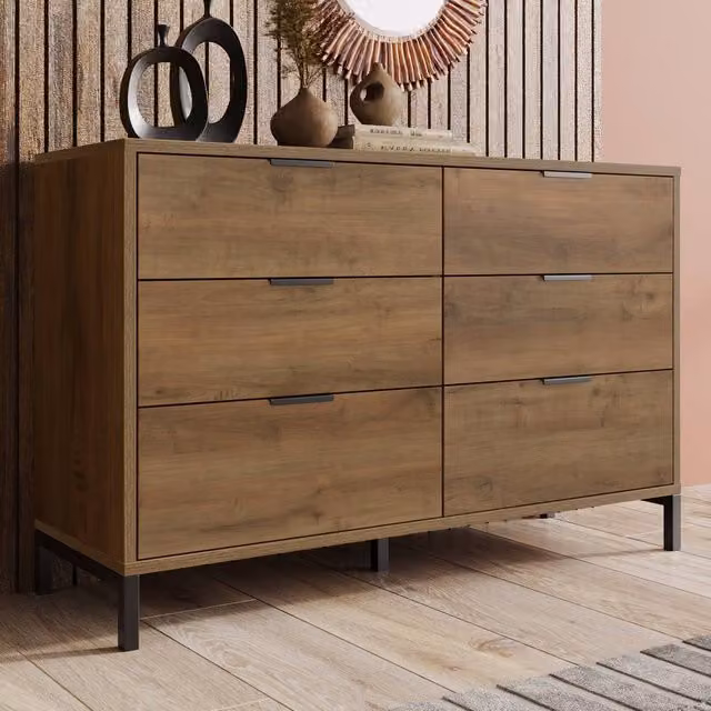 Matteo Industrial 6-Drawer Chest of Drawers in Dark Brown Oak and Black Metal, W/D/H: 120 x 40 x 76 cm – 1