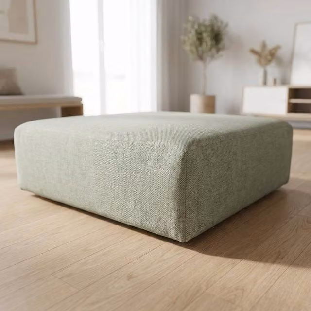 Abakus Direct Tokyo Cube Footstool in Green and Beige Fabric with Bamboo Rattan Weave – 1
