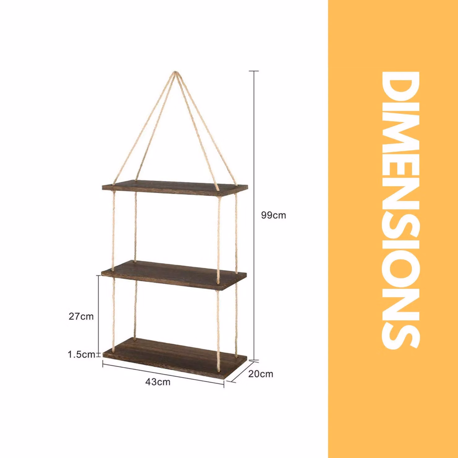 Rafaelo Mobilia 3 Tier Rustic Brown Wooden Hanging Wall Mounted Shelves with Rope Detail – 3