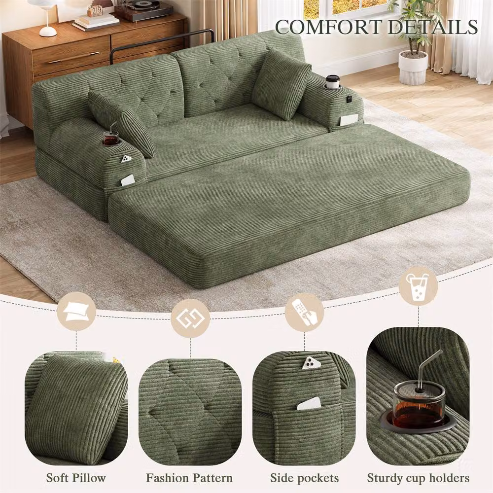 Direct Wicker 2-Seater Corduroy Upholstered Sofa Bed with Cup Holders in Green – 2