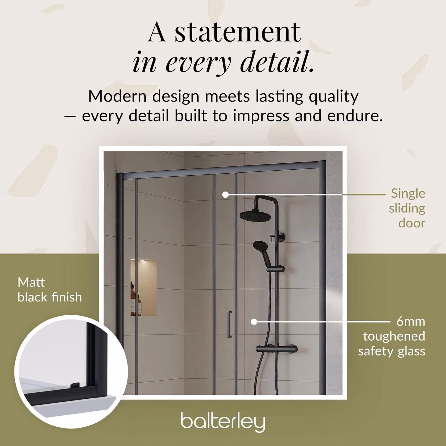 Balterley 6mm Toughened Safety Glass Sliding Shower Door, Black, W/H: 140 x 190 cm – 4