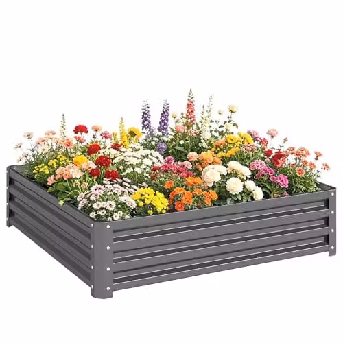 Outsunny 432L Galvanised Steel Square Raised Garden Bed in Grey, W/D/H: 120 x 120 x 30 cm