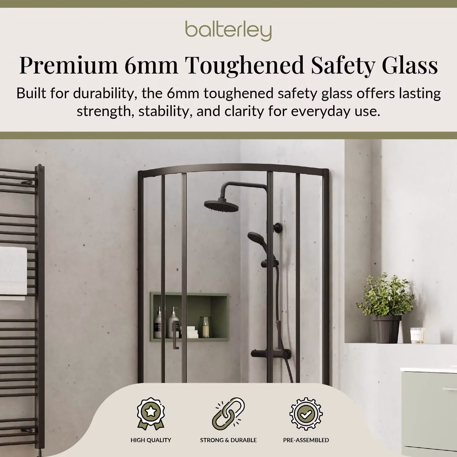 Balterley 6mm Glass Quadrant Corner Shower Enclosure, Matt Black, H 190 cm x W 80 cm x D 80 cm – 3