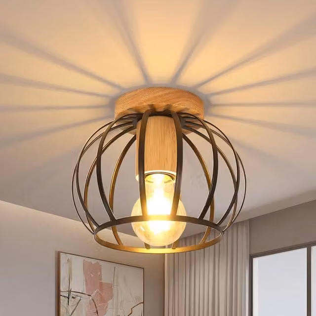 COMELY Industrial Metal Cage Ceiling Light, Vintage Black and Wood Chandelier – 1