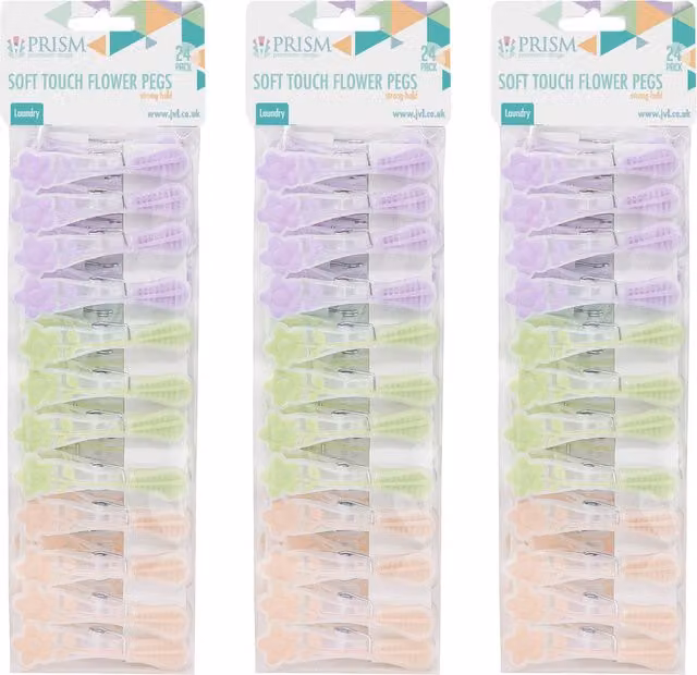 JVL Prism Soft Touch Flower Clothes Pegs, 24 Pack, Multicolour and Purple, 15 cm