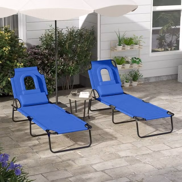 Outsunny Set of 2 Blue Folding Sun Loungers with Pillows and Oxford Fabric