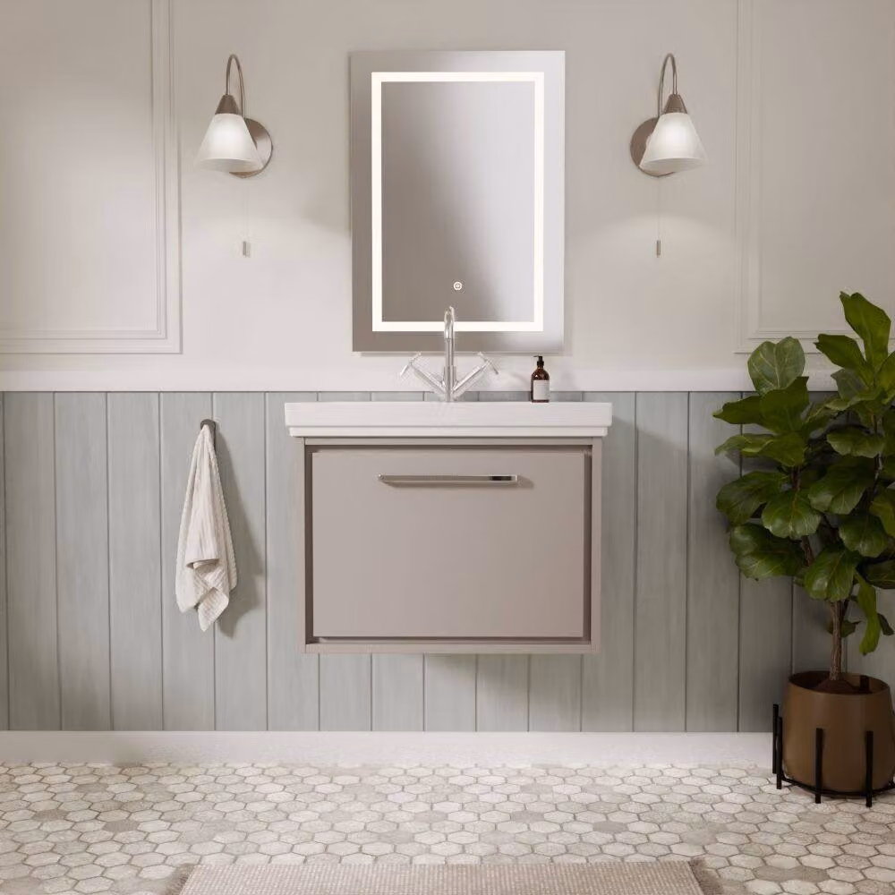 Balterley Modern Wall Mounted Single Drawer Bathroom Vanity with Fireclay Basin, Grey, Width: 60 cm – 2