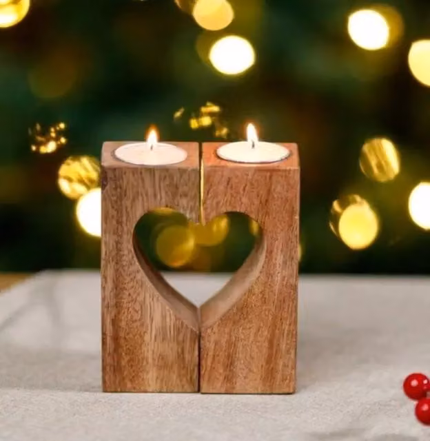 Marco Paul Cut Out Heart Wooden Tea Light Holder in Brown and Sand – 1