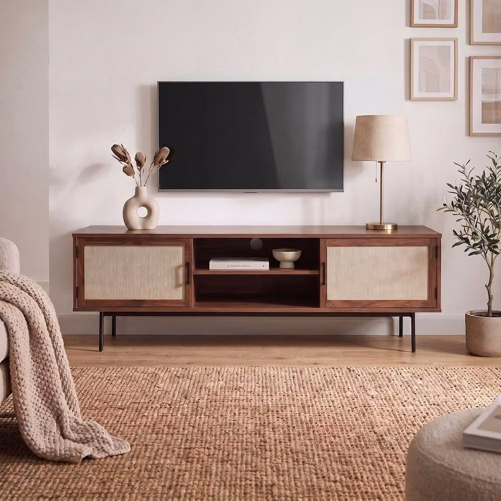 CALICOSY Jetson TV Unit in Dark Brown Walnut Finish with Fabric Fronts, W: 140 cm, D: 39.5 cm, H: 45 cm – 2