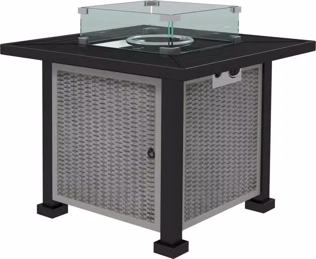 Outsunny Grey Rattan Gas Fire Pit Table with Glass Screen and Lid