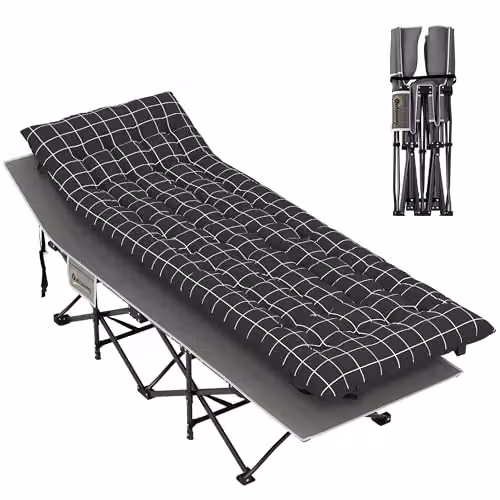 Outsunny Folding Camping Bed for Adults with Padded Foam, Adjustable Headrest and Side Compartments, Black