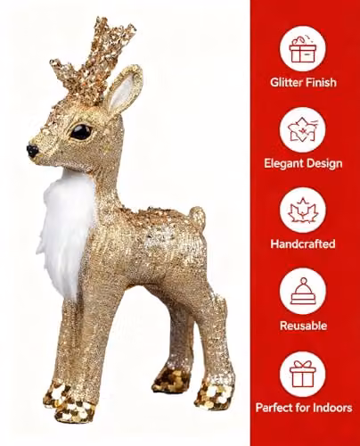 Shatchi Gold and White Reindeer Christmas Tabletop Figurine, Height: 22 cm – 5