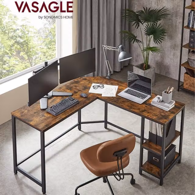VASAGLE Industrial L-Shaped Corner Desk with Removable Storage Shelves in Bronze and Brown
