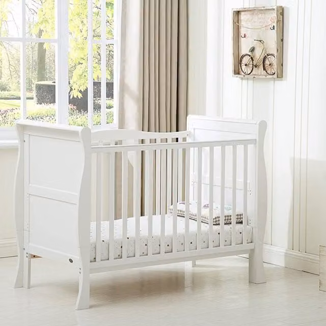 Mcc Direct Savannah Sleigh Wooden Baby Cot Bed with Foam Mattress, White