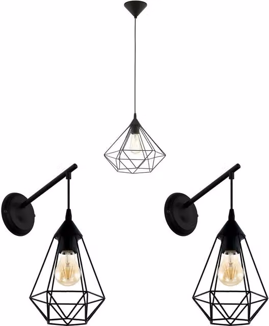 Loops Black Geometric Cage Wire Lighting Set Including Ceiling Pendant and 2x Matching Wall Lights