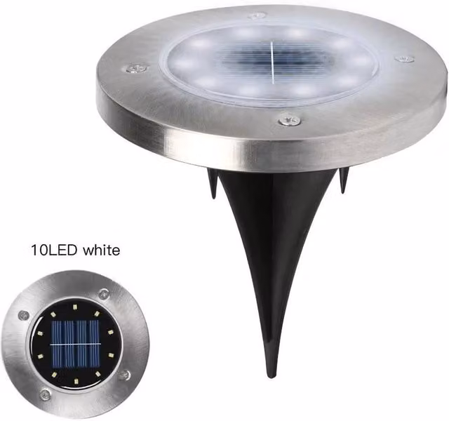FLAVORA Set of 10 Silver Stainless Steel Solar Powered LED Ground Recessed Garden Lights with White Dusk Sensor – 1