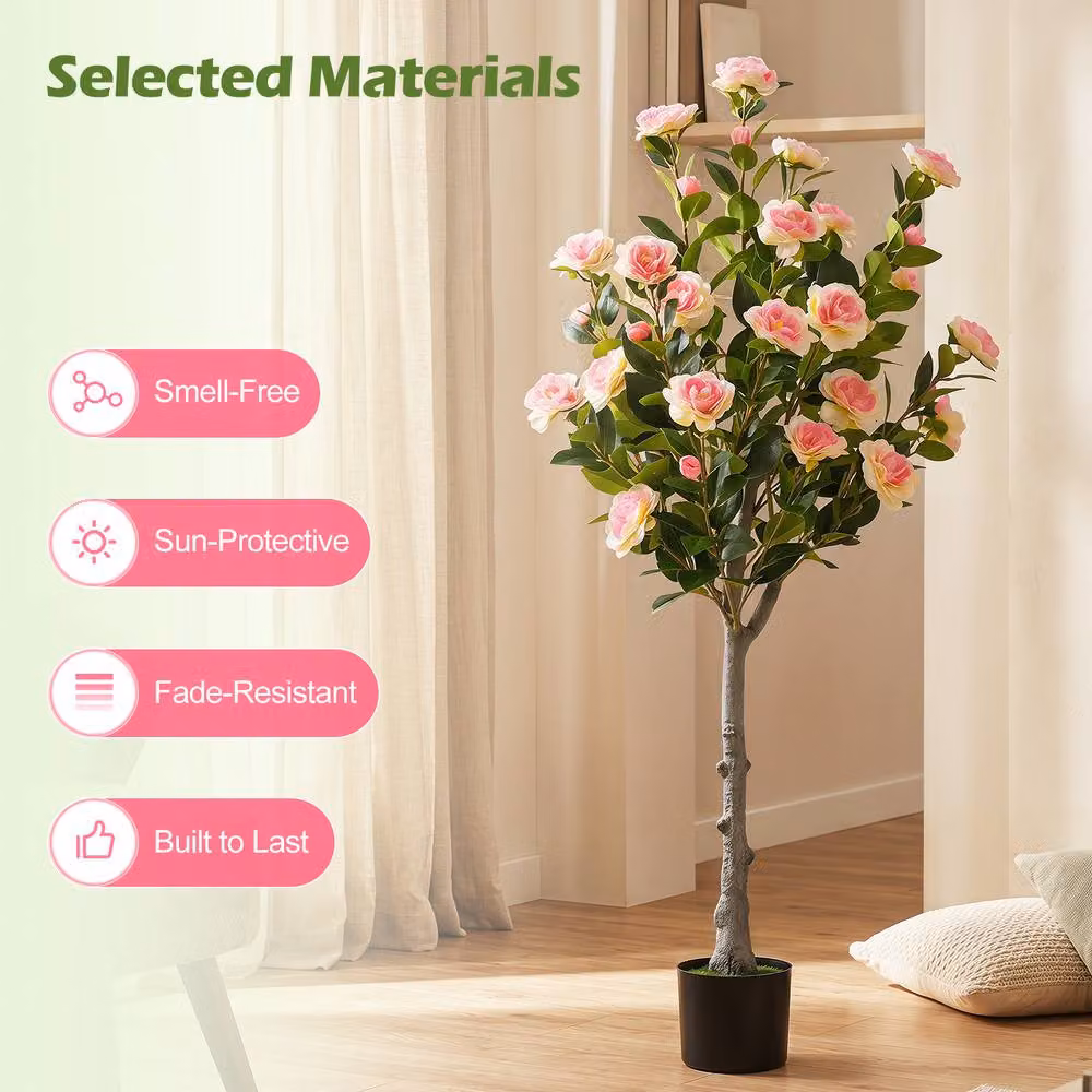 Costway Artificial Camellia Tree Faux Greenery Plant in Green and Pink – 6