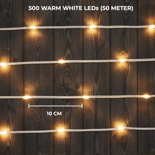 Shatchi Warm White LED Fairy String Lights with 500 LEDs and Timer, 50m Gold Leather-Thread Wire, IP44 Waterproof for Indoor and Outdoor Decoration – 8