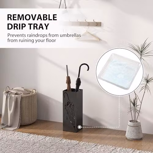 HOMCOM Metal Square Umbrella Stand with 4 Hooks and Removable Tray, Black, W/D/H: 15.5 x 15.5 x 41 cm – 3
