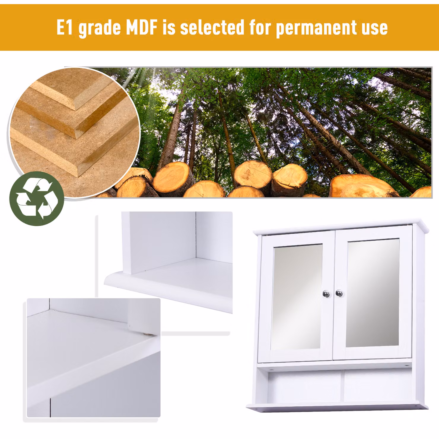Kleankin White Wall Mounted Bathroom Mirror Cabinet with Hinged Doors and Internal Shelves – 3