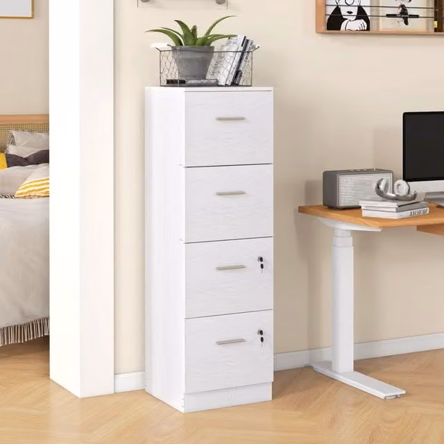HOMCOM Vertical File Cabinet with 4 Lockable Drawers, White