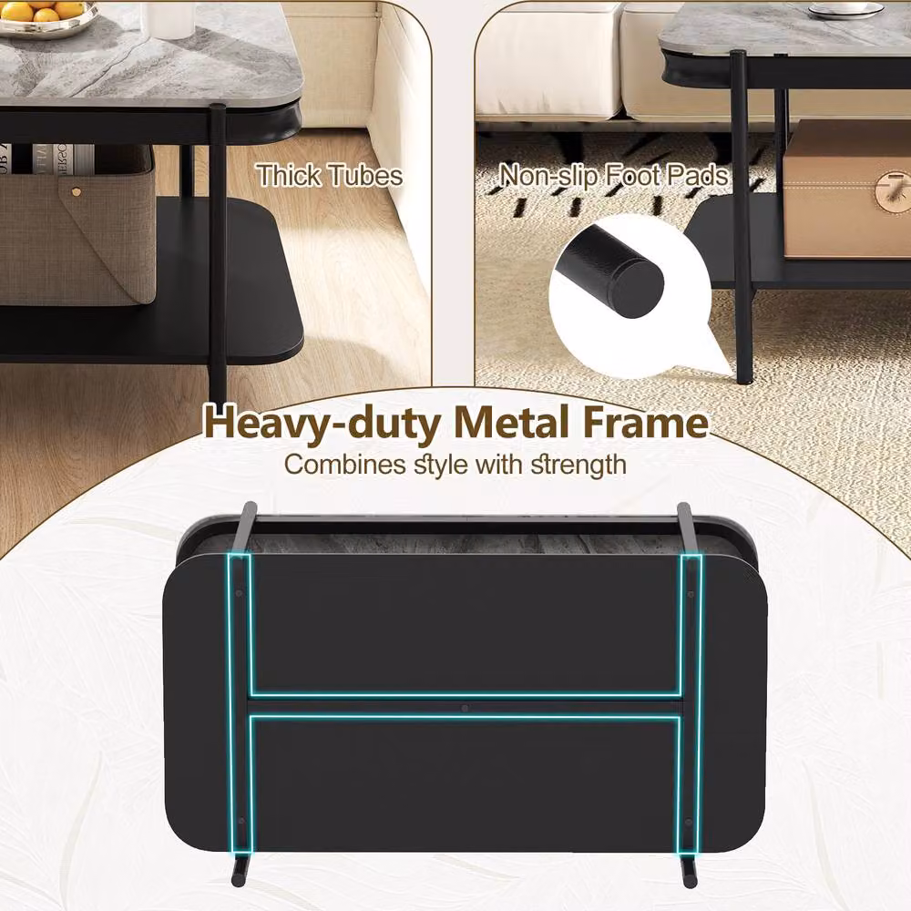 Gymax Modern Rectangular 2-Tier Coffee Table with Glossy Grey Ceramic Sintered Stone Top – 6