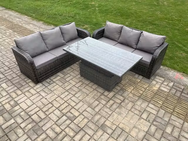 Fimous 6 Seater Outdoor Rattan Garden Dining Set with Height Adjustable Lifting Table in Dark Grey