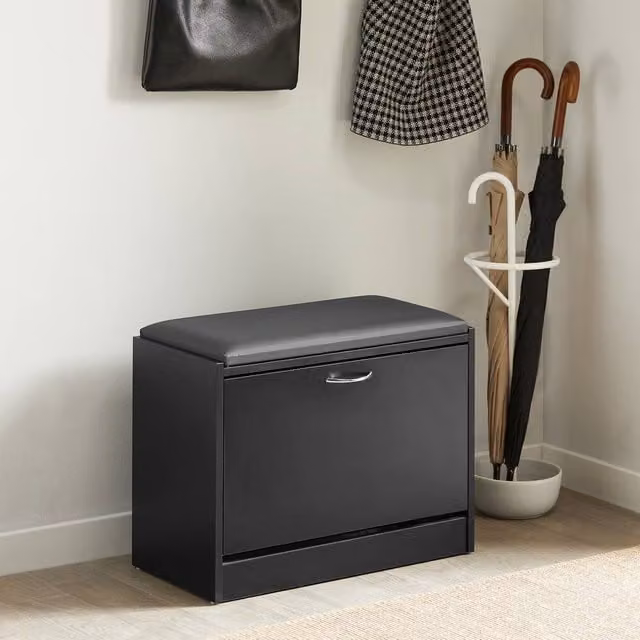 SoBuy Black Shoe Storage Bench with Synthetic Leather Seat Cushion