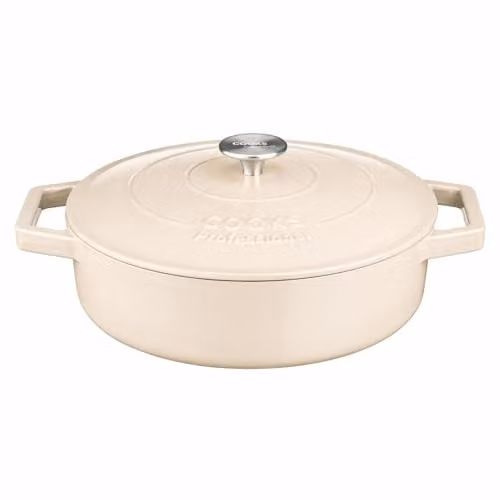 Cooks Professional Enamelled Cast Iron Shallow Casserole Dish with Lid and Handles, 4.3 l, Ivory