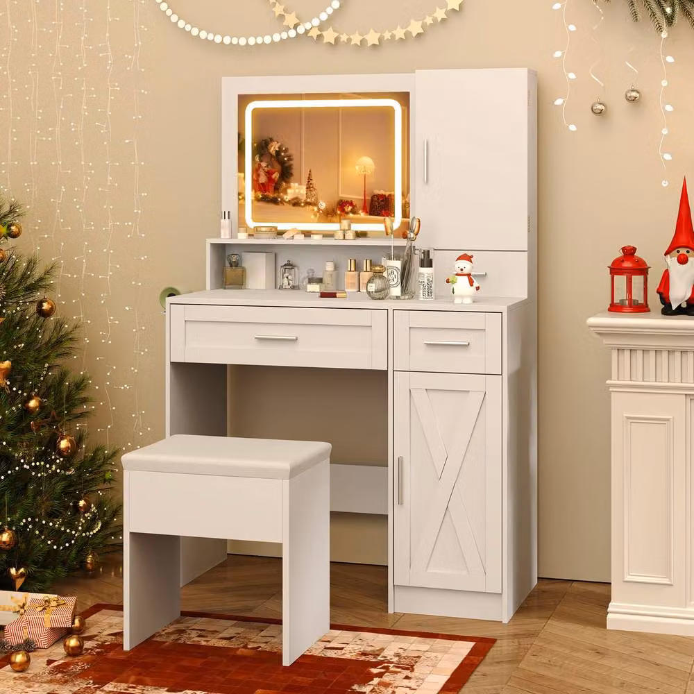 Costway Farmhouse Makeup Vanity Desk and Stool Set with Hollywood LED Lighting in White – 3