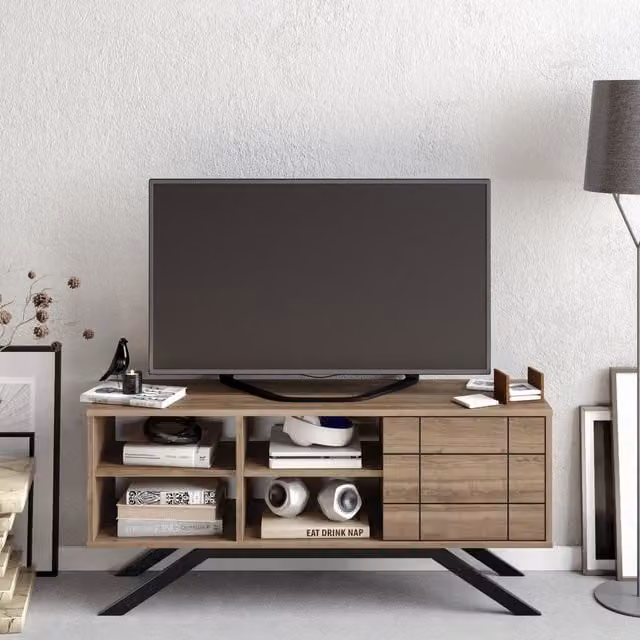 Decorotika Modern Striped TV Unit in Brown and Black