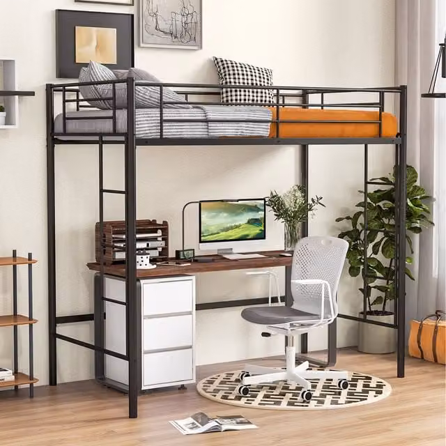 Costway Modern Metal Single Loft Bed Frame with Drawers in Black, 90 x 190 cm
