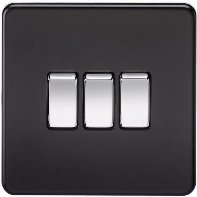 Knightsbridge Screwless 10AX 3G 2-Way Flush Switch in Matt Black with Chrome Rocker