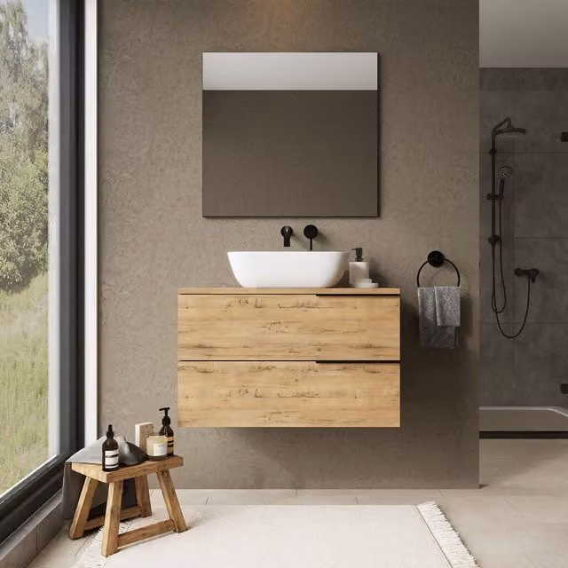 Banyetti Celtic Wall Hung Bathroom Vanity Unit with Matching Worktop in Light Oak, W/D/H: 80 x 45 x 48 cm