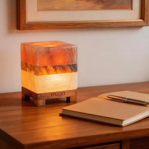 Myga Cube Himalayan Salt Lamp in Orange with Wooden Base – 3