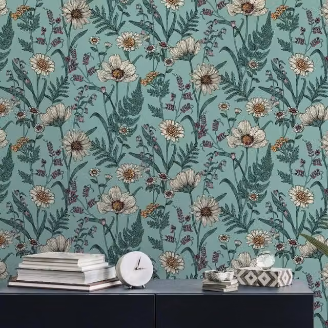 Fine Dcor Wild Meadow Botanical Floral Matt Wallpaper in Blue, Yellow, Green and Petrol