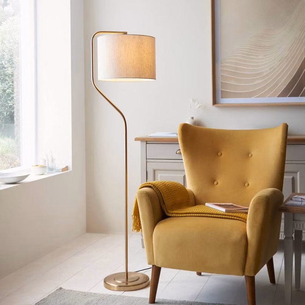 Netlighting Clement Cylinder Floor Lamp Shade in Gold with Aged Brass Plate and Linen Fabric, E27 – 2
