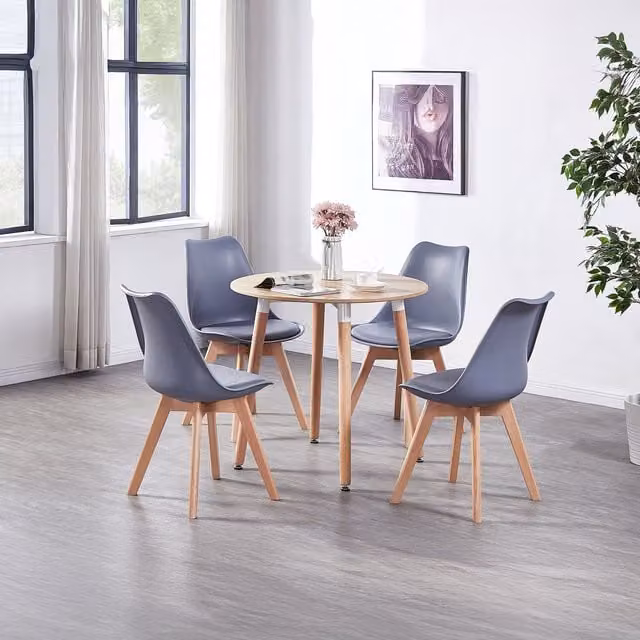 Life Interiors Lorenzo Round Mid-Century Dining Set with Table and 4 Grey Chairs