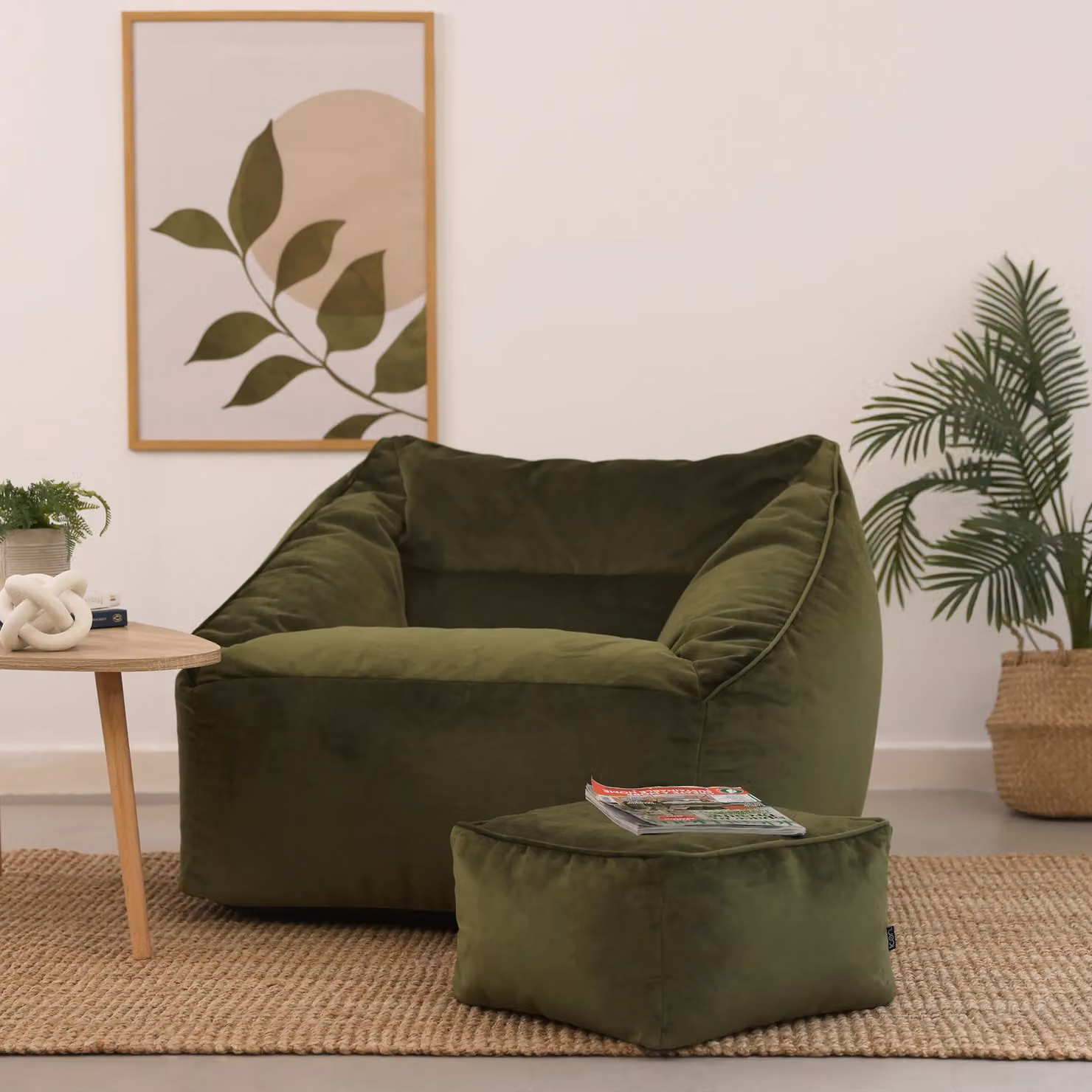 ICON Natalia Velvet Adults Bean Bag Armchair and Pouffe Set in Olive Green – 2