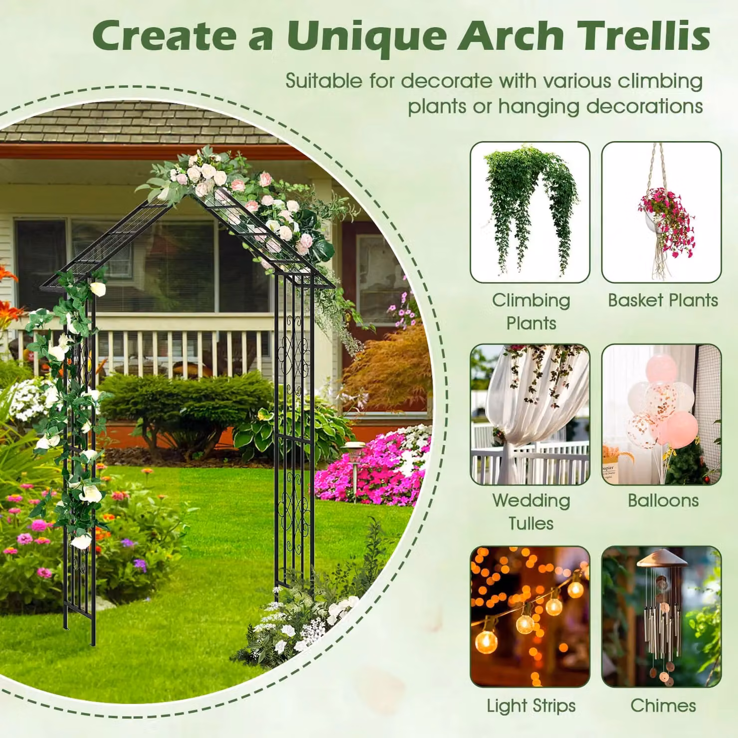 Gymax Modern Metal Garden Arbor Trellis Pergola with Side Crossbars, Black, W: 116 cm, D: 40 cm, H: 222 cm – 3