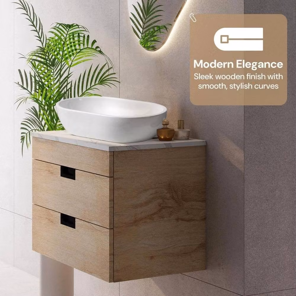 FORGEVIO Wood Grains Modern Wall Mounted Bathroom Vanity Unit with Basin and Soft Close Doors in Natural Wood Finish, Width: 60 cm – 2