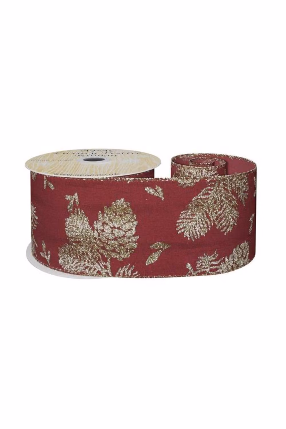 KDMD Burgundy Ribbon with Gold Glitter Fir and Cone, Width: 63 mm, Length: 10 yd – 2