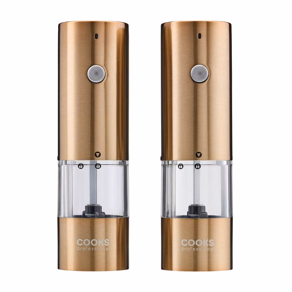 Cooks Professional Rechargeable Salt and Pepper Mill Set with Bamboo Base in Bronze and Multicolour – 3