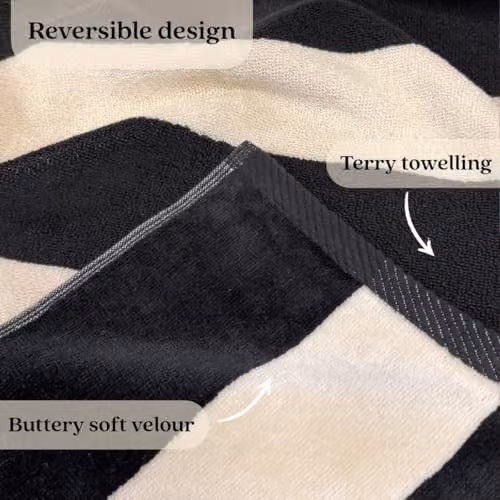 Misona Large Organic Cotton Beach Towel in Black and Natural Stripe, W/D/H: 90 x 180 cm, GOTS-Certified Dual-Sided Terry and Velour – 4