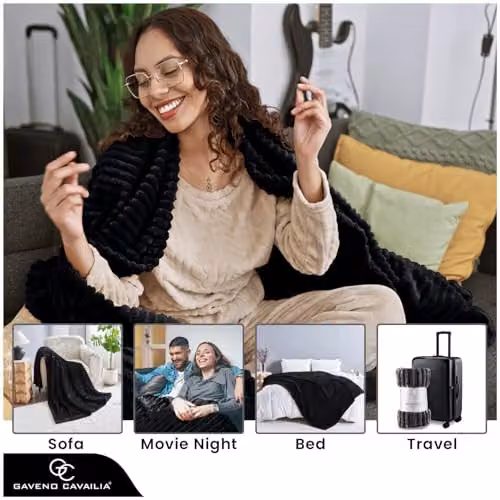 GAVENO CAVAILIA Ribbed Fluffy Fleece Blanket Throw, Black, W/D/H: 200 x 240 cm – 5