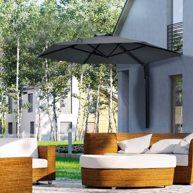 Outsunny Wall Mounted Parasol with 180 Degree Rotatable Polyester Canopy in Grey