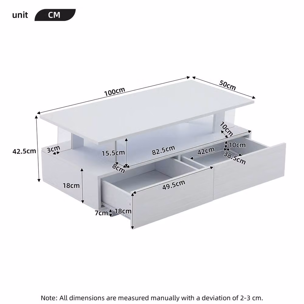 Merax Rectangular LED Coffee Table with 2 Drawers and Open Storage Compartment in White – 2