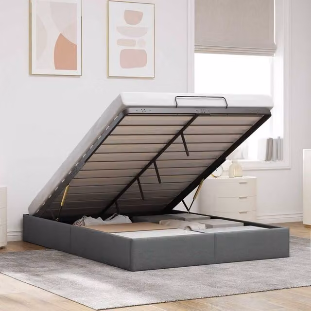 Berkfield Home Queen Size Ottoman Bed Frame in Dark Grey Fabric, W/D/H: 150 x 200 cm – 1
