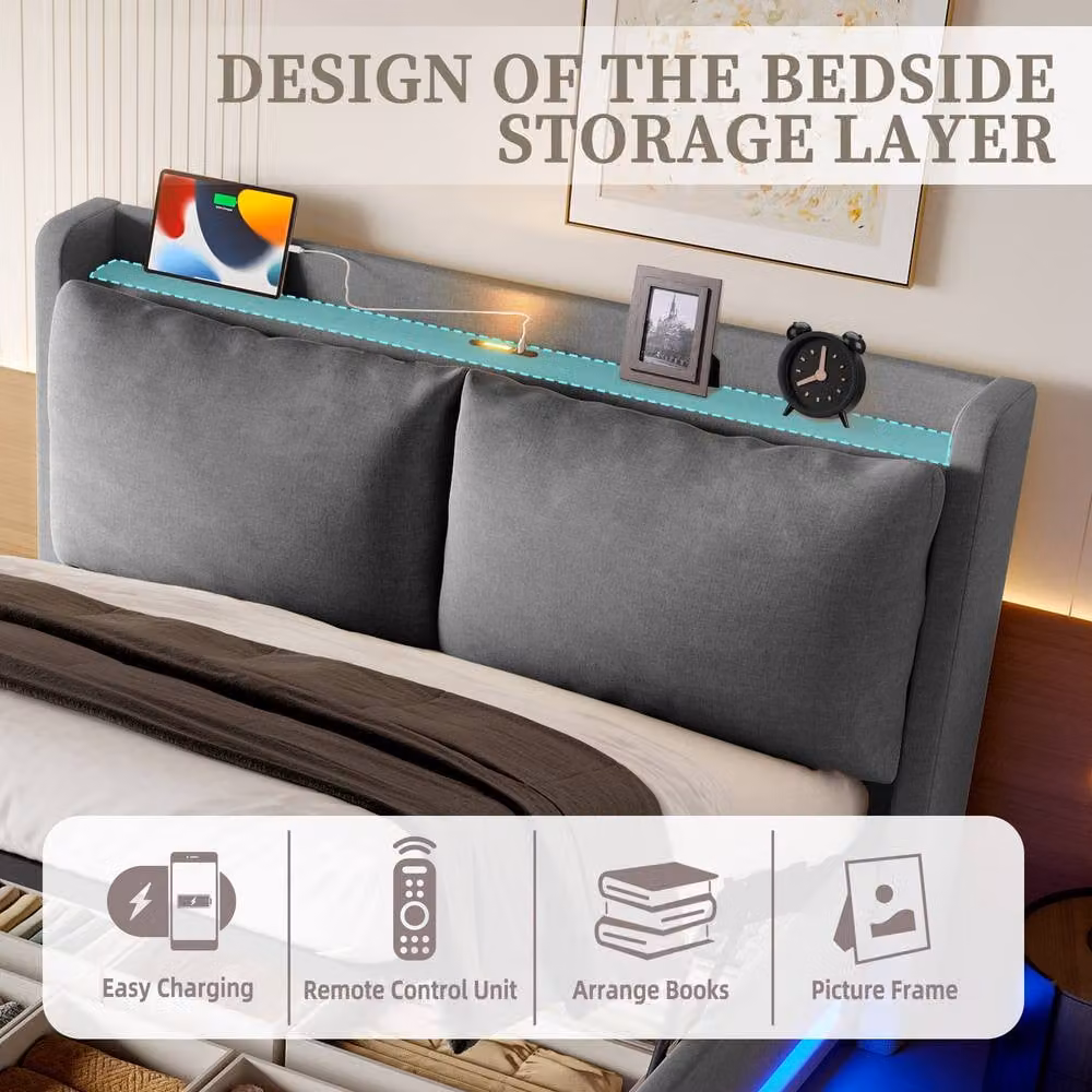 BTM King Size Upholstered Linen Bed in Grey with Bedside Shelf, LED Lighting, USB-C Charging Port and Hydraulic Lift, W/D/H: 150 x 200 x 152.4 cm – 7