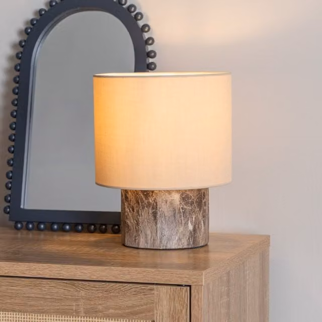 ValueLights Melanie Marble Effect Table Lamp with White Fabric Shade and LED Bulb